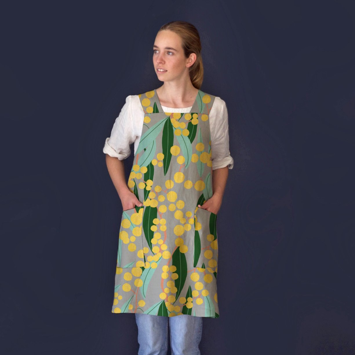 Creative-Work-Apron-Joy-Wattle-Print